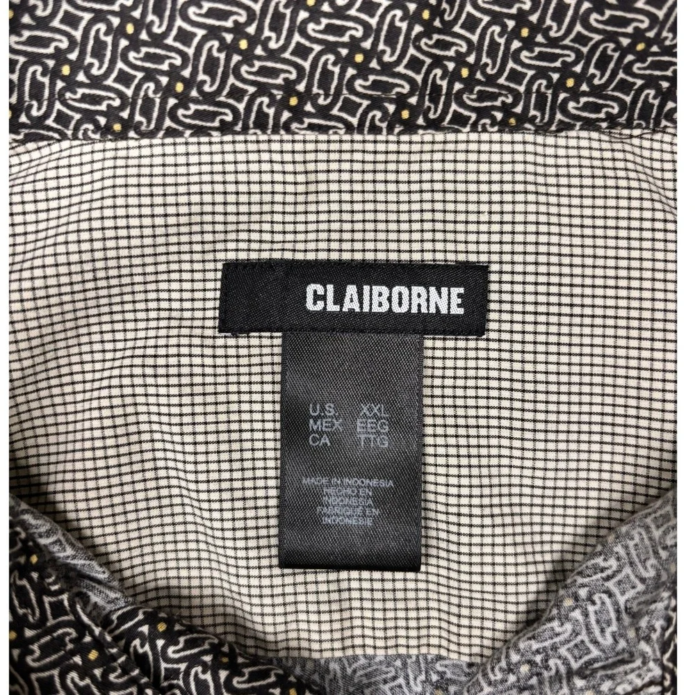 Claiborne Button Down‎ Shirt Mens XXL Black White Geo Print Short Sleeve Pockets